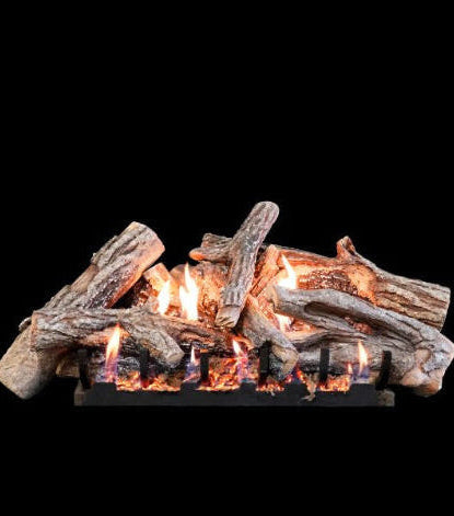 Gas fireplace logs with flames on a black background