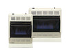 Two Empire BlueFlame Space Heaters, one 30,000 and one 20,000 BTU, side by side with blue flames glowing on a white background