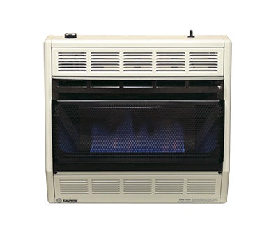 Empire BlueFlame Space Heater: 10,000 BTU unit with lit blue flames on white background, providing cozy warmth with thermostat control