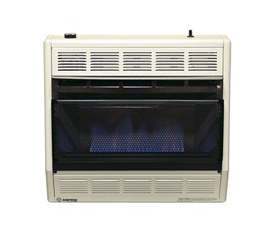 Empire BlueFlame Space Heater: 10,000 BTU unit with lit blue flames on white background, providing cozy warmth with thermostat control