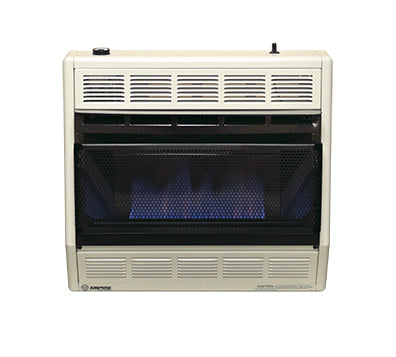 Empire BlueFlame Space Heater: 30,000BTU thermostat model emitting mesmerizing blue flames against a pristine white backdrop