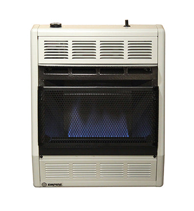 Empire BlueFlame Space Heater: 10,000 BTU unit with lit blue flames on white background, providing cozy warmth with thermostat control