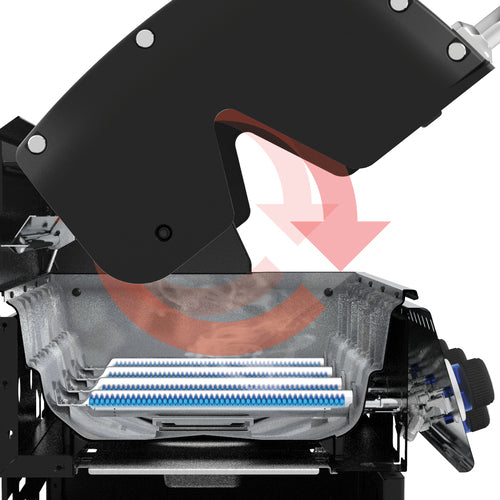 Red circular arrow depicts powerful air flow, maximizing heat distribution within the BroilKing Baron S 590 IR grill head