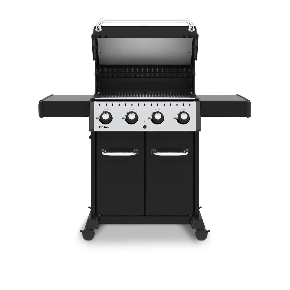 BroilKing Crown 420 grill with open top, showcasing grill grates and collapsible side shelves on a clean white background