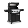 BroilKing Crown 420 grill: Top open, revealing grill grates and collapsible side shelves. White background, angled left