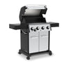 Broil King Crown® S 440 grill: Powerful and stylish, standing tall against a clean white backdrop, angled left with grill head open