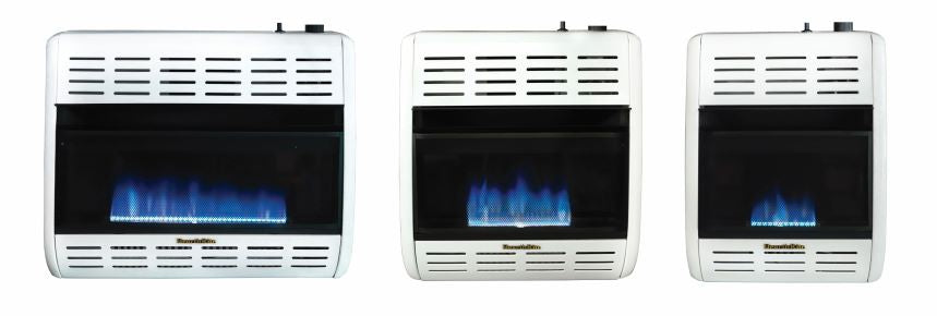 HearthRite BlueFlame Space Heater Collection: Dynamic blue flames from 30,000, 20,000, and 18,000 BTU units on a white backdrop