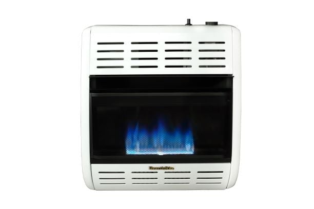 HearthRite BlueFlame Space Heater: Powerful 20,000 BTU unit with captivating blue flames on a white backdrop