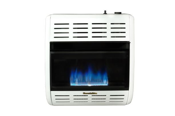 HearthRite BlueFlame Space Heater: Powerful 20,000 BTU unit with captivating blue flames on a white backdrop