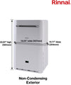 Rinnai Tankless Water Heater - RE180 internal unit, compact size: 22.87"H x 14.05"W x 10.77"D, on white background