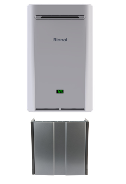 Rinnai Tankless Water Heater RE199 with pipe cover accessory - sleek, space-saving design for endless hot water, on a white background