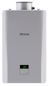 Rinnai Tankless Water Heater RE199 - compact and powerful interior unit on white background, providing endless hot water