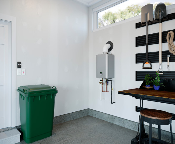 Rinnai RE199 tankless water heater installed in garage with ventilation kit - compact and energy-efficient hot water solution