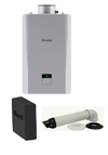 Rinnai RE199 Tankless Water Heater with Wi-Fi module and pipe cover accessories on white background - advanced, connected, and space-saving hot water solution