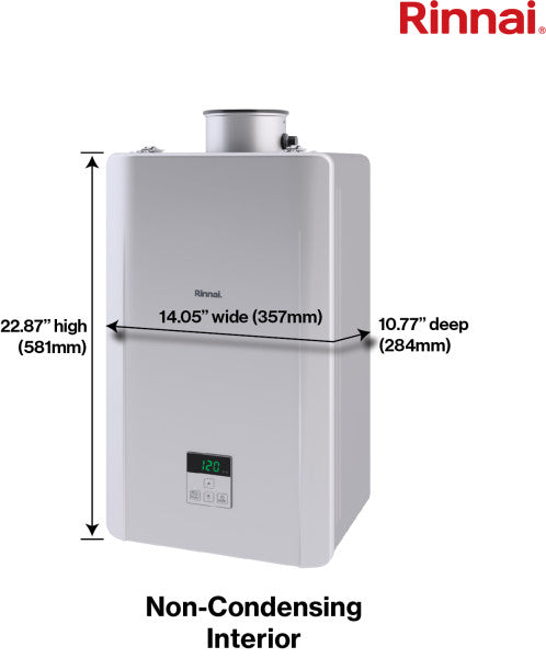 Rinnai Tankless Water Heater - RE180 internal unit, compact size: 22.87"H x 14.05"W x 10.77"D, on white background