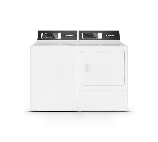 Front view of the Speed Queen TR7003WN 25 5/8" top load washer and dryer pair, showcasing the washer and dryer units side by side with control panels and drums