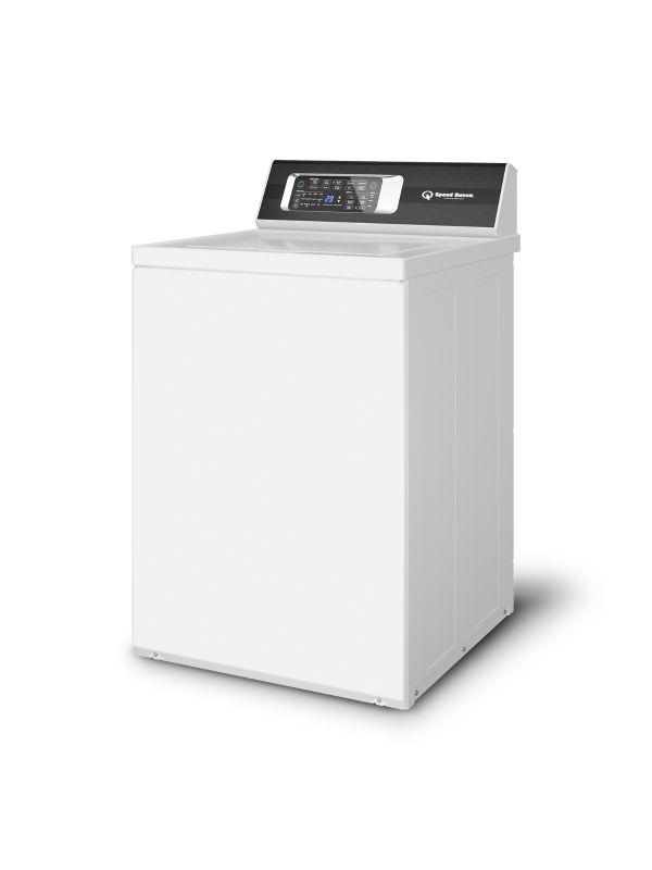 Left side view of the Speed Queen TR7003WN 25 5/8" top load washer with control panel and drum