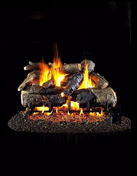 Peterson Charred American Oak: 7-piece log set ablaze, exquisitely crafted to mimic the majestic oak tree, flames enhancing its natural beauty
