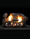 Empire Vent-Free Gas Logs: Super Sassafras 7-piece set ablaze, showcasing vibrant bark, unsplit logs, and delicate branches, all aglow with mesmerizing flames