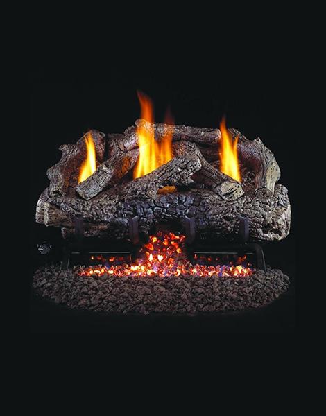 Real-Fyre Charred Frontier Oak: 5-piece log set showcasing intricate handcrafted details, featuring charred bark for a realistic and rustic appearance