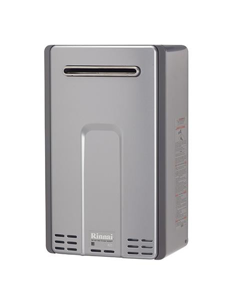 Rinnai RL75 Tankless Water Heater - compact and powerful external unit on white background, delivering endless hot water